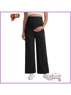 Maternity Wide Leg Palazzo Pants Lyocell Cotton Smocked Over Belly Pockets